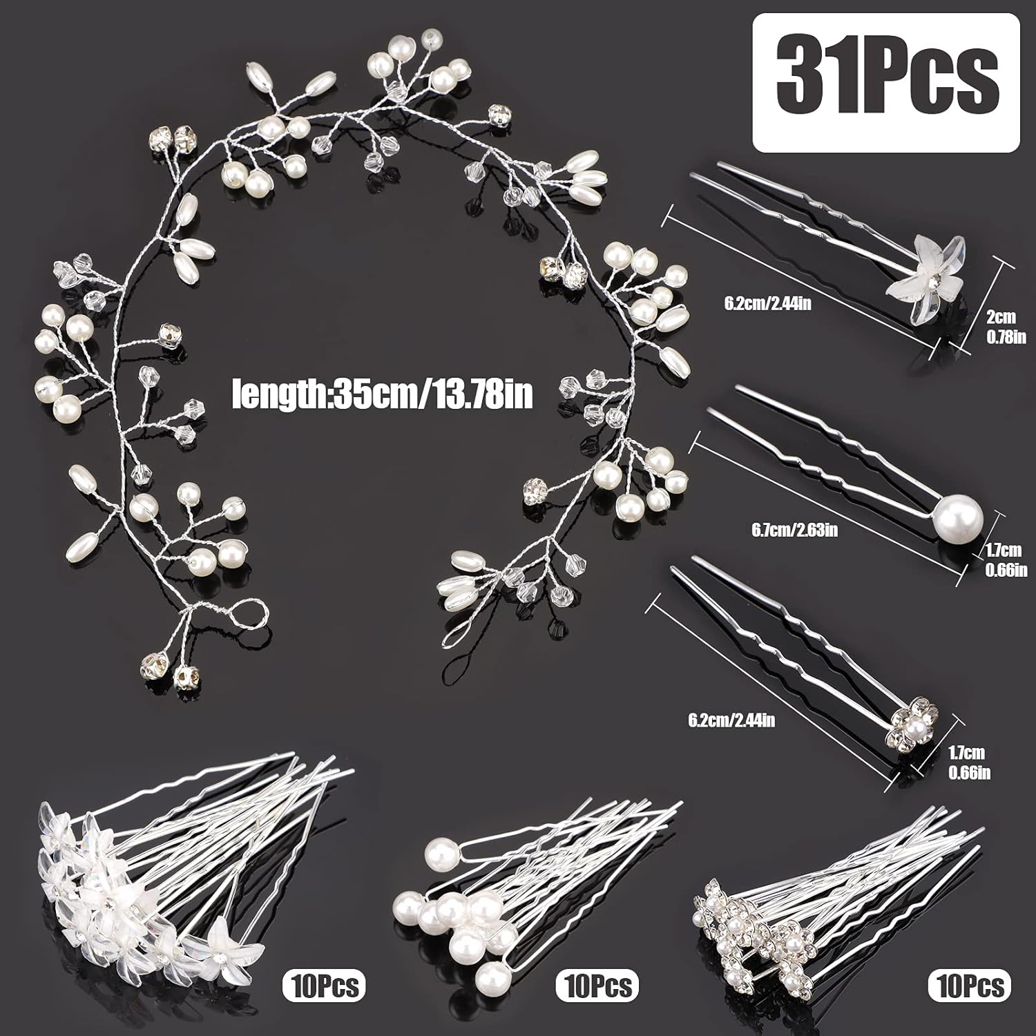Épingles à cheveux fleur en cristal : 30 pièces et bandeau perlé pour mariées élégantes – Image 2