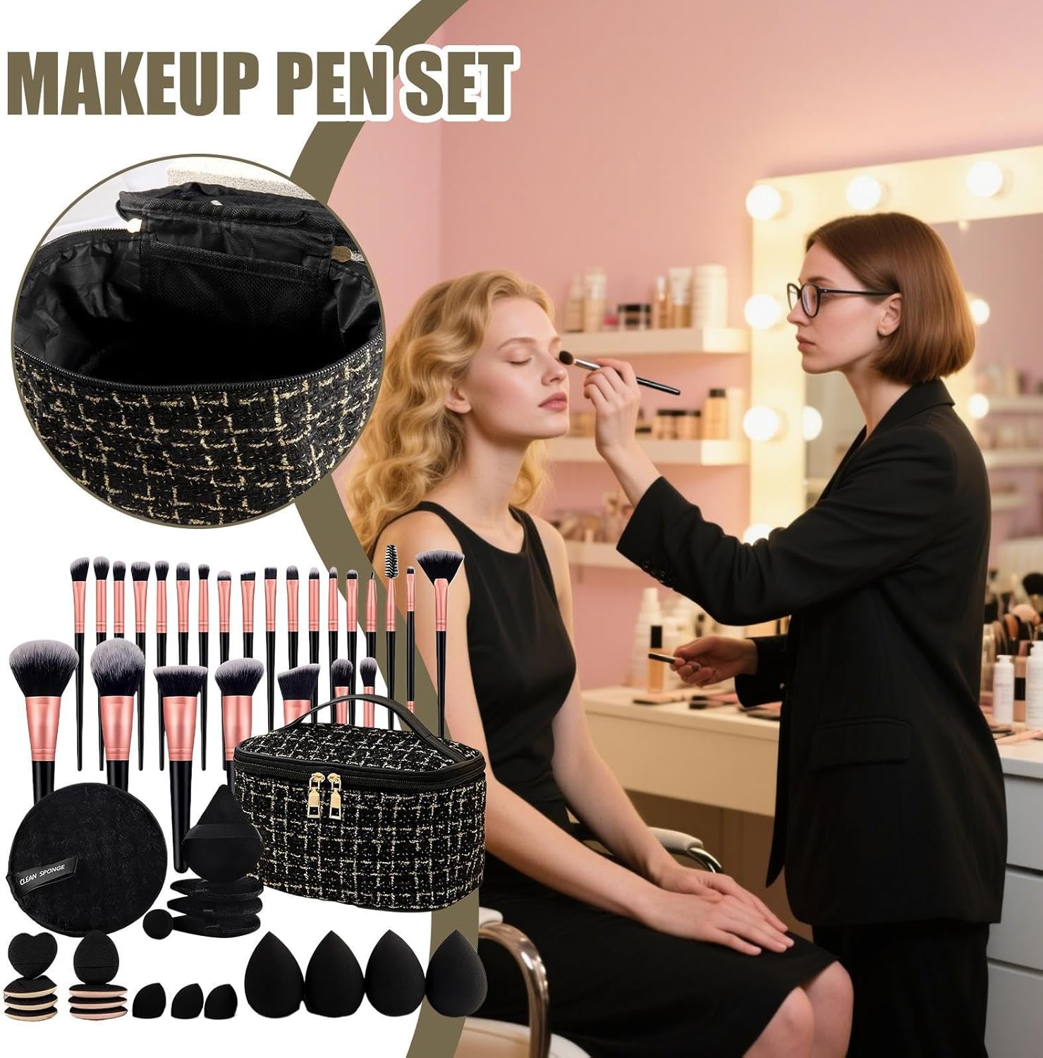 Pinceaux de maquillage : set élégant avec sac de rangement pour un teint parfait Kit complet avec blender éponge, idéal pour les passionnées de beauté – Image 3