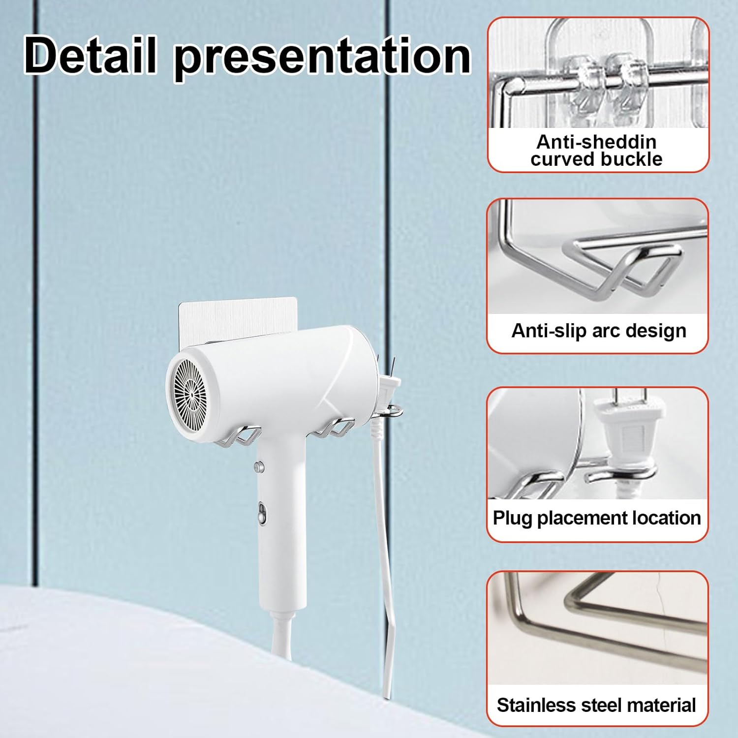 Support mural pour sèche-cheveux en acier inoxydable : pratique et élégant pour chambre à coucher et salle de bain – Image 3