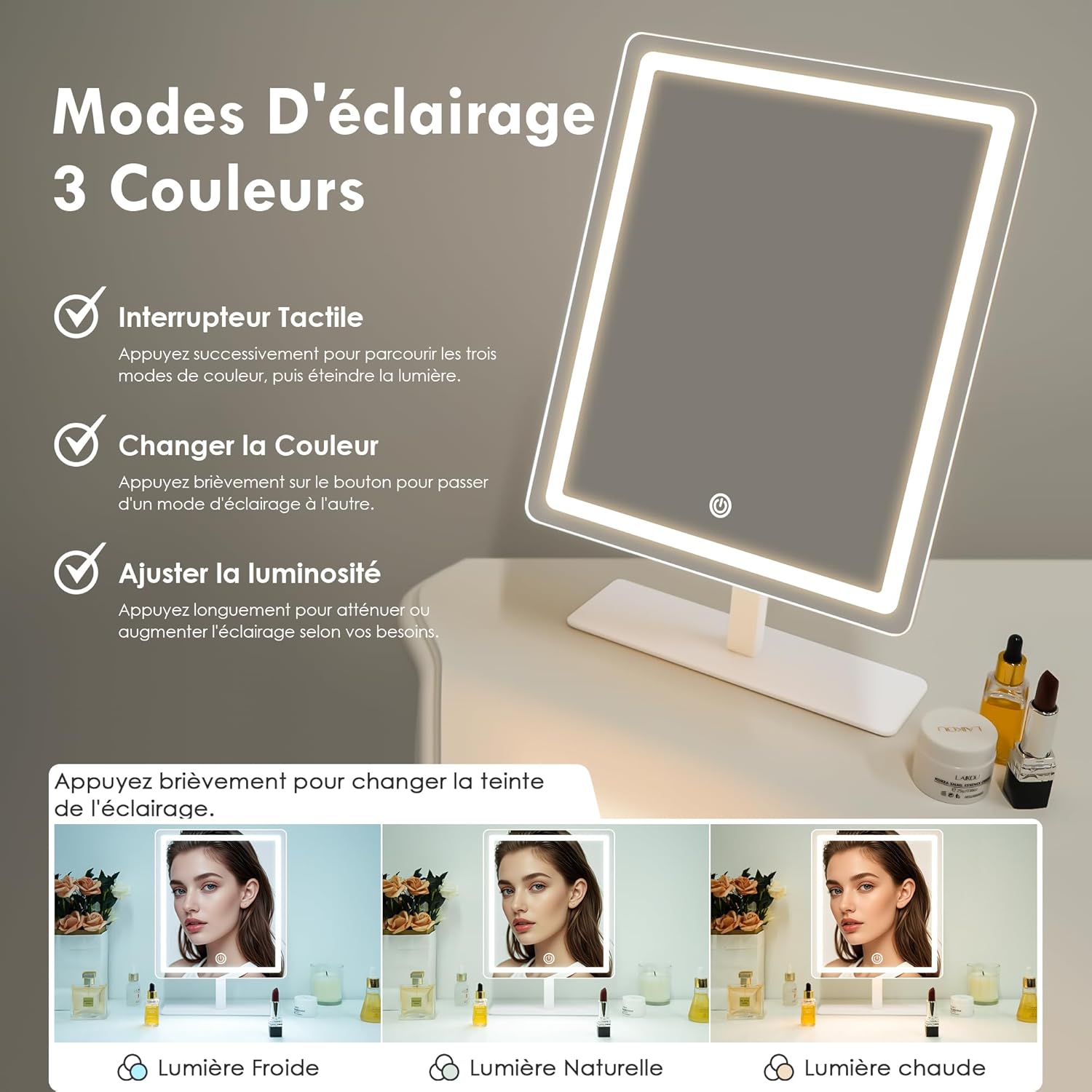 Miroir de courtoisie avec lumière : l'accessoire idéal pour les passionnées de maquillage Découvrez un miroir de maquillage LED avec éclairage à 3 couleurs, réglage de luminosité et d'angle, parfait pour un rendu impeccable à chaque utilisation. – Image 2