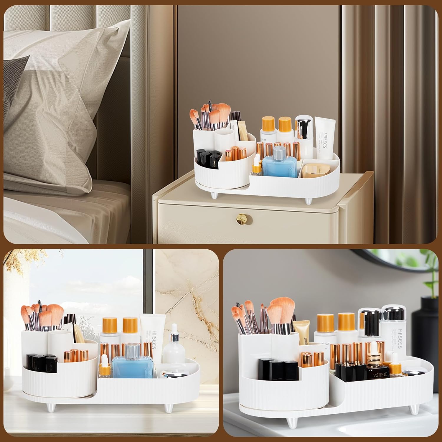 Organisateur maquillage rotatif 360 degrés : idéal pour les coiffeuses et passionnées de beauté Optimisez votre espace avec ce stockage cosmétique multifonctionnel et élégant en blanc pur – Image 7