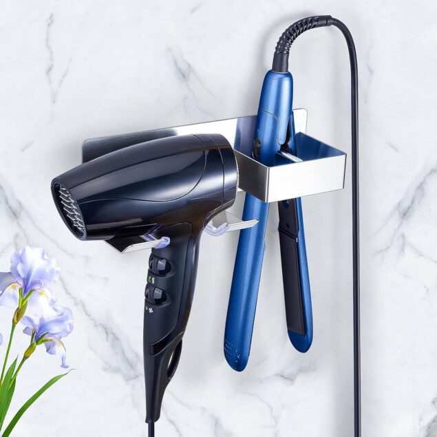 Support sèche cheveux mural en acier inoxydable : rangement élégant pour votre salle de bain