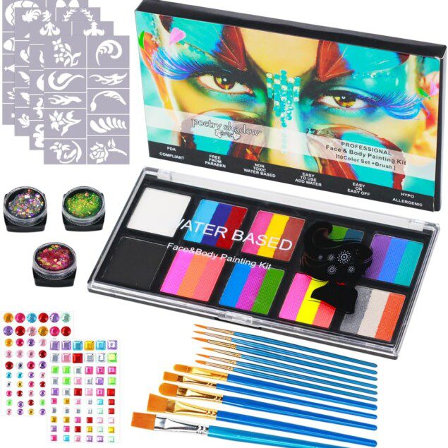 Palette maquillage enfant : 20 couleurs pour un body painting créatif lors des fêtes
Idéale pour le carnaval, Halloween et Noël avec 40 pochoirs de tatouage inclus