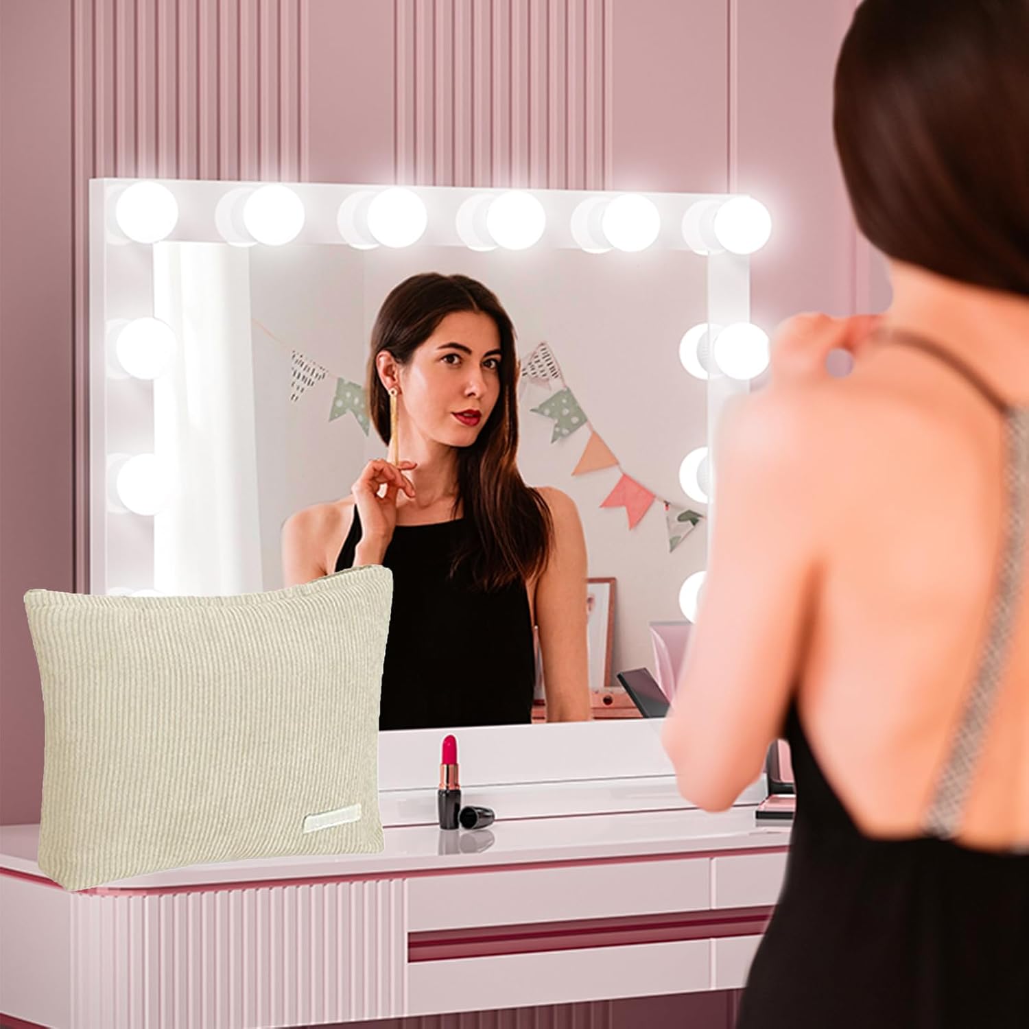 Trousse de maquillage en velours côtelé beige : l'accessoire chic pour femmes et filles en voyage – Image 2