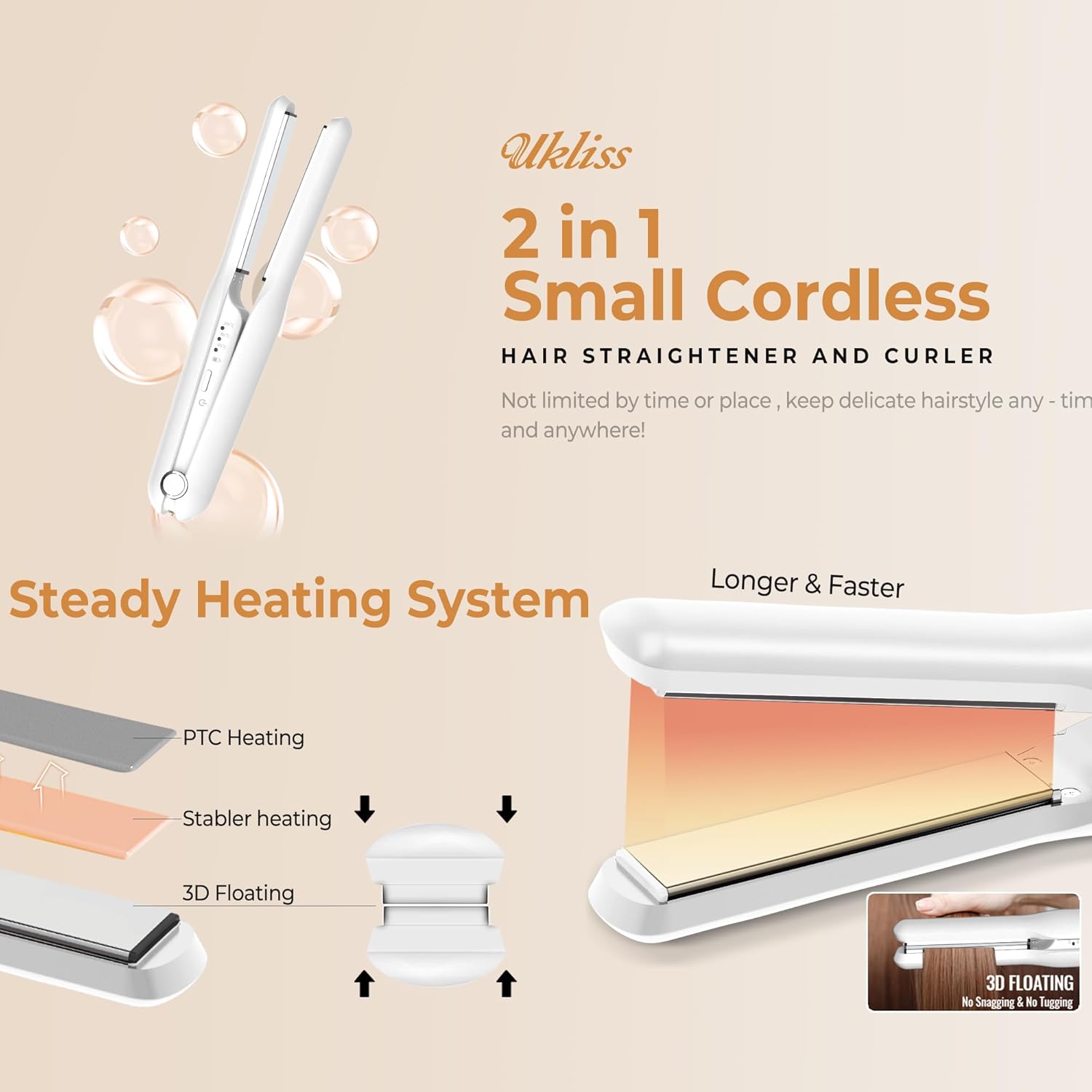 Portable fer à lisser sans fil : lisseur rechargeable pour cheveux courts et longs, idéal en voyage avec 3 températures et technologie d'ions négatifs – Image 8
