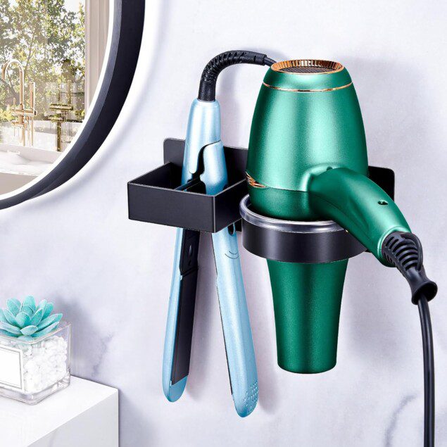 Support pour sèche-cheveux et lisseur : rangement mural élégant en acier inoxydable pour une salle de bain ordonnée
