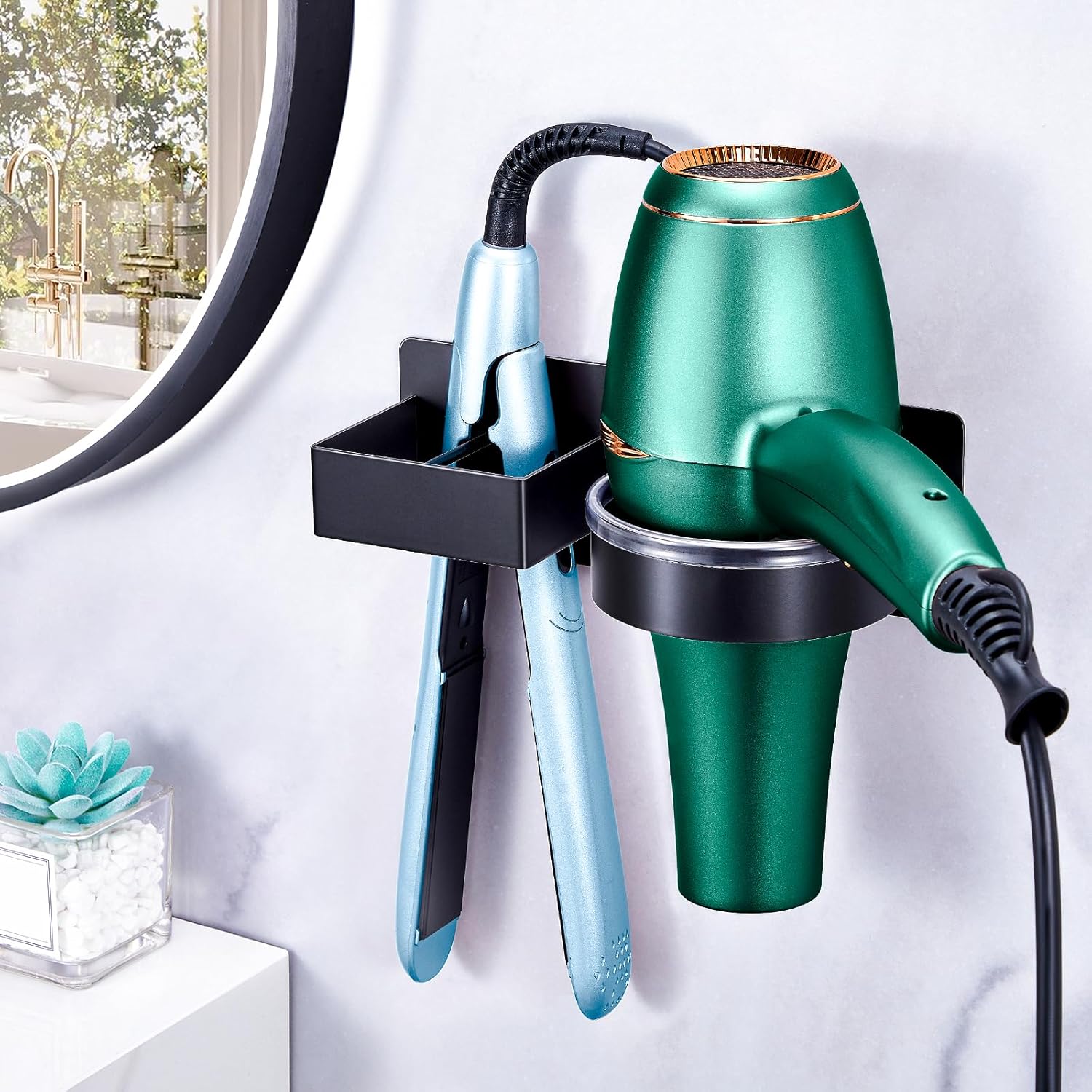 Support pour sèche-cheveux et lisseur : rangement mural élégant en acier inoxydable pour une salle de bain ordonnée