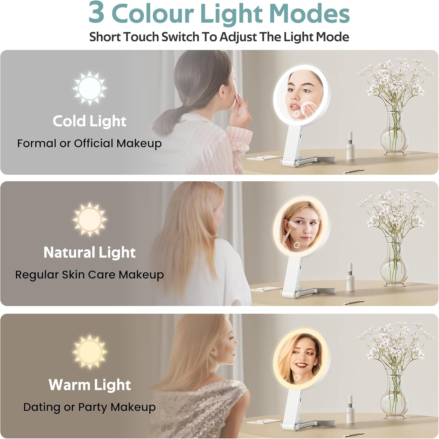 Miroir grossissant lumineux pour un maquillage parfait : double face 10x/1x avec éclairage et 3 couleurs, idéal pour la coiffeuse et le voyage – Image 3