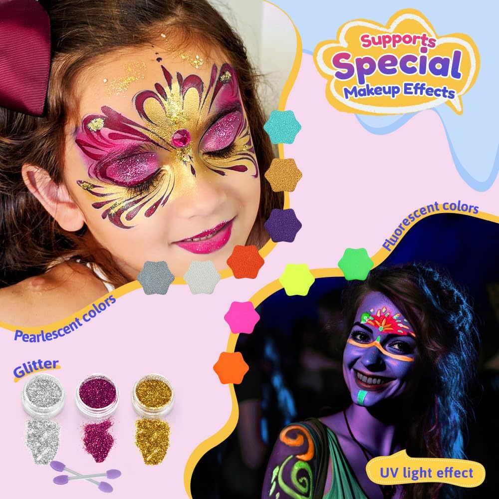 Palette de maquillage enfant : 23 couleurs pour des moments festifs inoubliables Idéale pour le carnaval, Halloween et les anniversaires, avec pinceaux et pochoirs inclus – Image 3