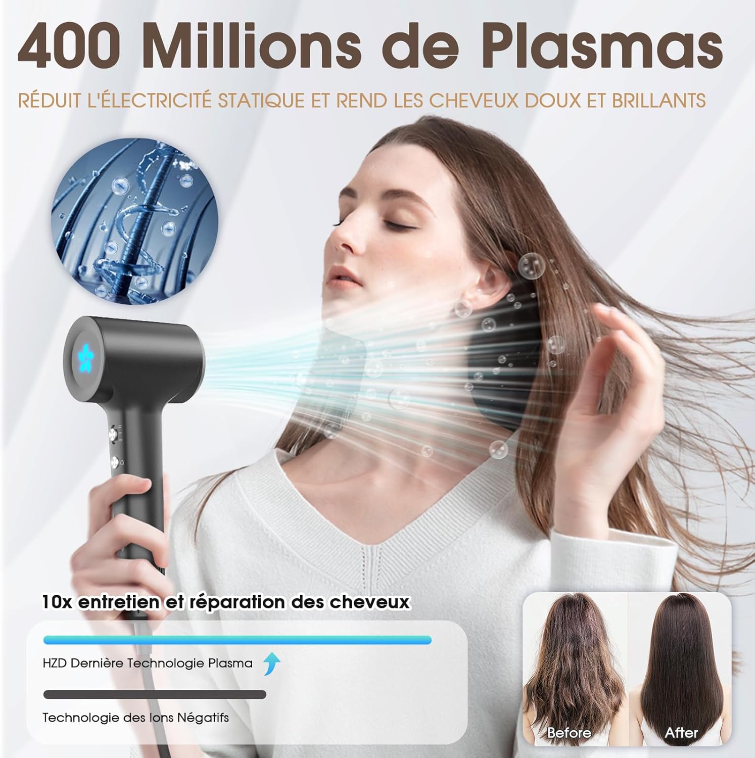Sèche cheveux professionnel à 400 millions de plasma : un séchage rapide et silencieux pour toute la famille en voyage – Image 3