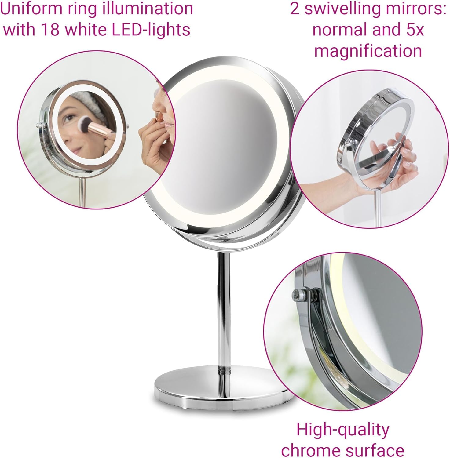 Miroir de maquillage avec éclairage LED : le compagnon idéal pour les passionnées de beauté Profitez d'un grossissement 5x et d'un design pivotant à 360° pour un maquillage parfait à chaque instant – Image 4
