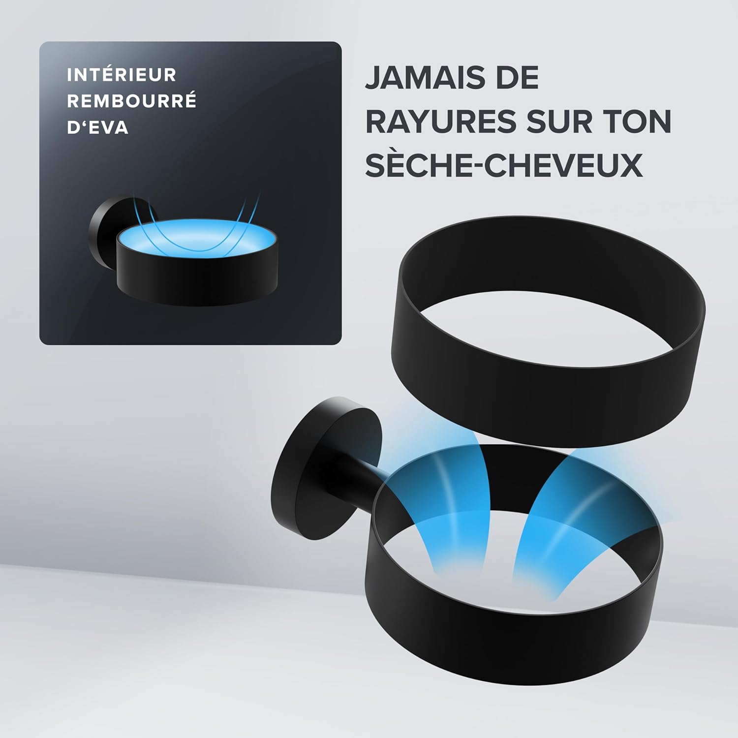 Porte-sèche-cheveux en acier inoxydable noir mat : le choix élégant pour votre salle de bain Optimisez votre espace avec un support mural pratique et rembourré pour un rangement organisé – Image 2