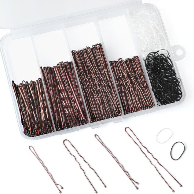 Pince chignon : 500 pièces d'épingles métalliques pour femmes, un kit idéal avec élastiques et boîte de rangement