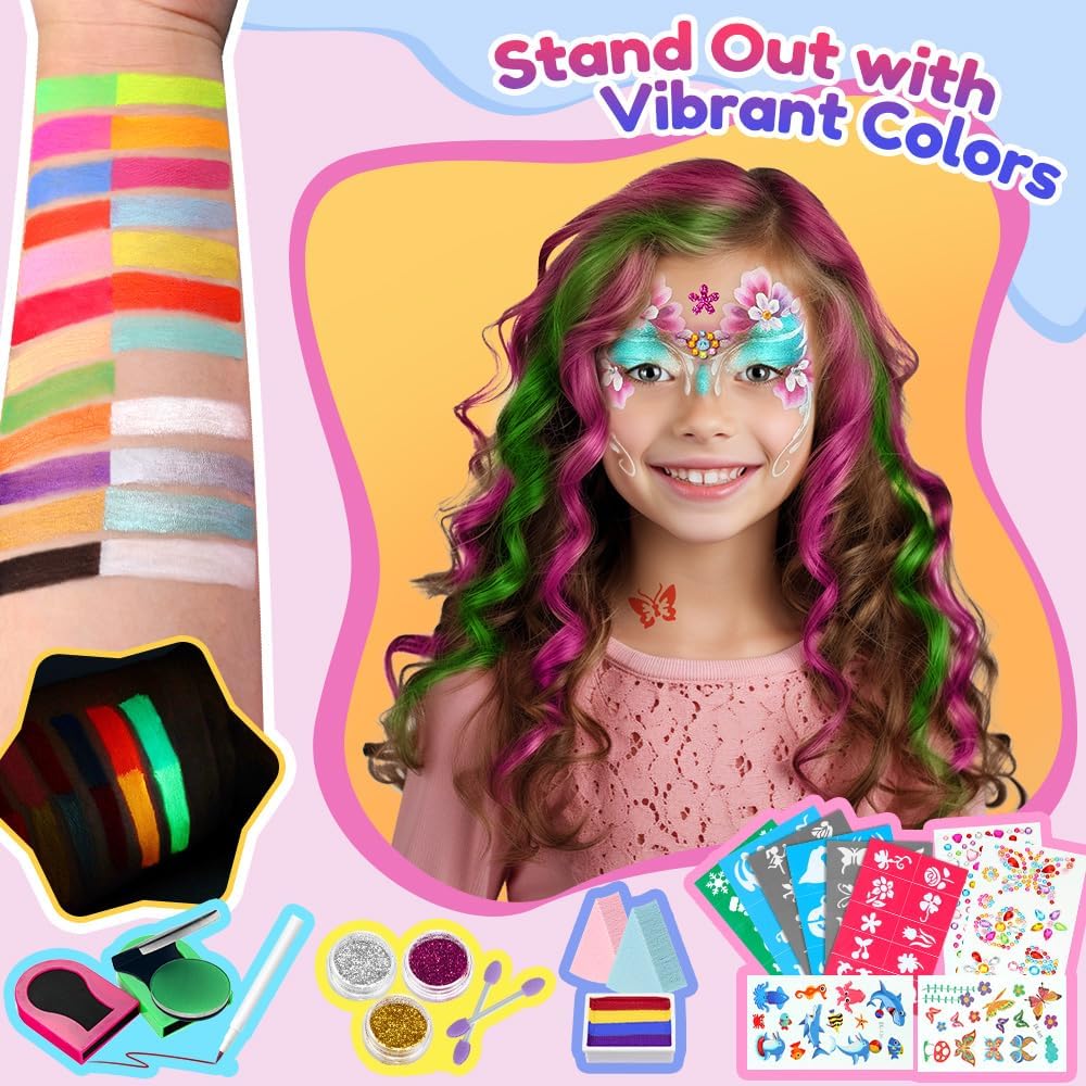 Palette de maquillage enfant : 23 couleurs pour des moments festifs inoubliables Idéale pour le carnaval, Halloween et les anniversaires, avec pinceaux et pochoirs inclus – Image 2