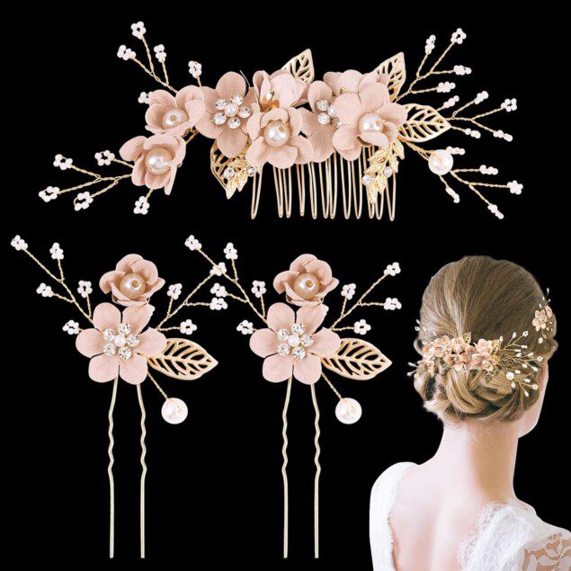 Épingles à cheveux pour mariée : élégance et raffinement avec perles et cristaux Complétez votre coiffure de mariage avec un peigne floral en rose pour un look inoubliable