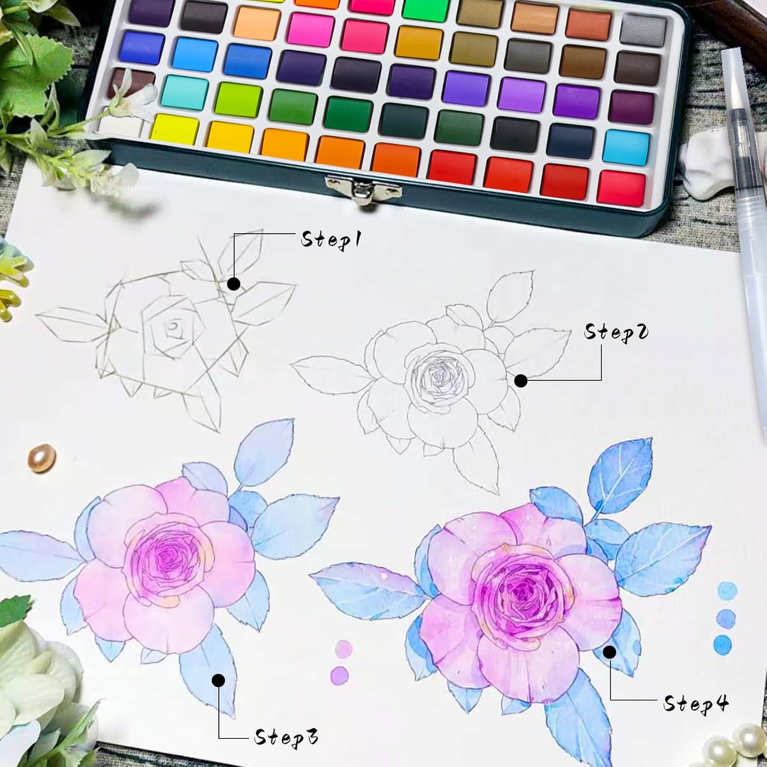 Aquarelle : set de 50 couleurs portables pour artistes en herbe, avec accessoires de qualité – Image 4