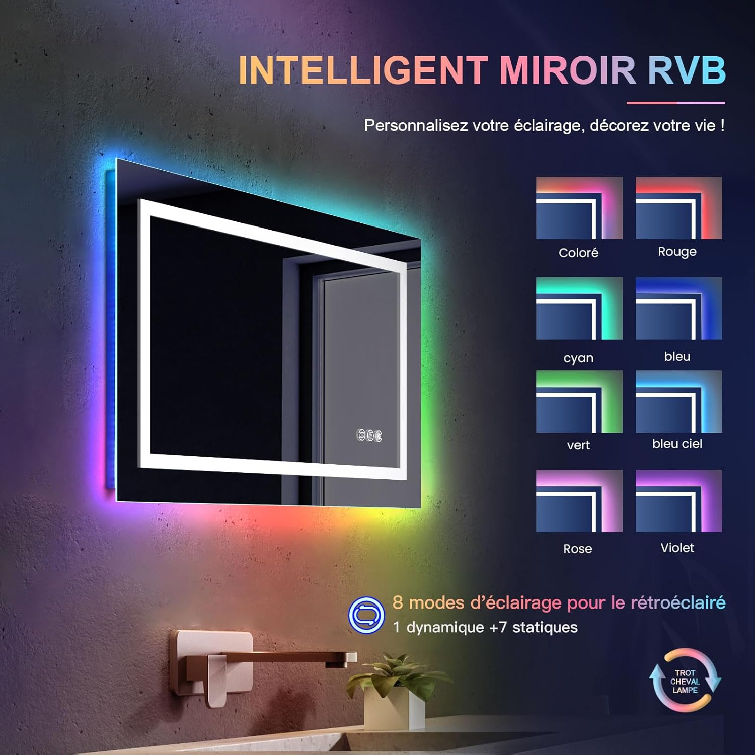 Miroir LED anti-buée 100x60 cm : l'élégance pour votre salle de bain avec éclairage RGB multicolore – Image 2