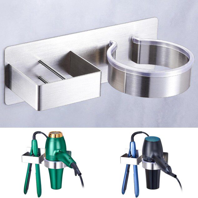 Porte sèche-cheveux mural : support en acier inoxydable pour salons de coiffure et salles de bain