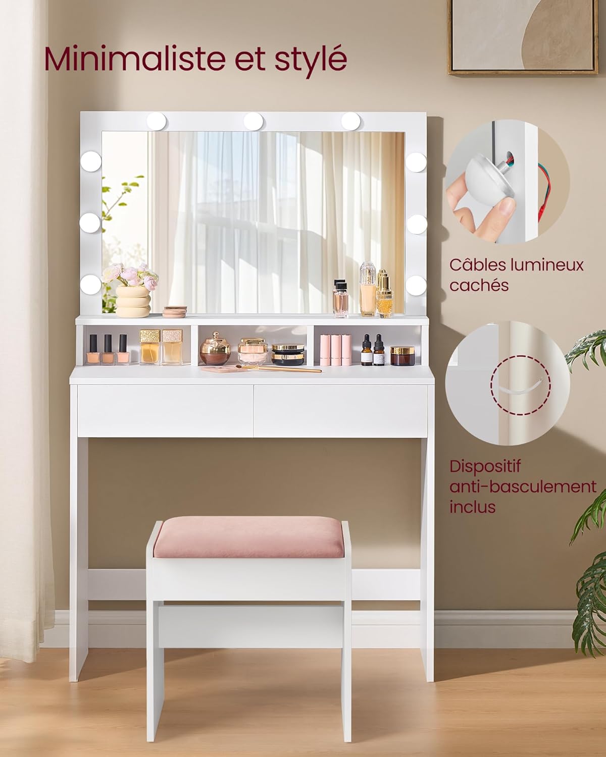 Coiffeuse moderne avec grand miroir LED : l'alliée parfaite pour les passionnées de beauté – Image 6
