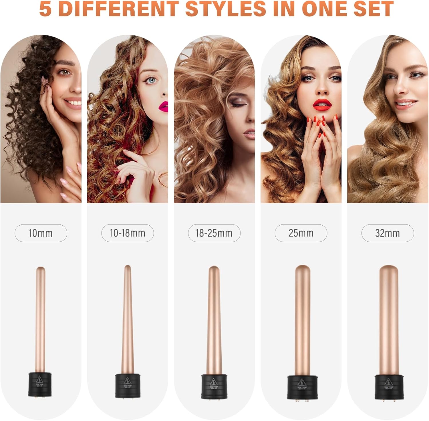 Fer à boucler 5 en 1 : l’outil essentiel pour des coiffures élégantes et variées Pour les passionnées de coiffure, ce boucleur céramique de 10 à 32 mm allie performance et style, avec des températures réglables de 150°C à 210°C, un gant de protection et des accessoires pratiques inclus. – Image 5