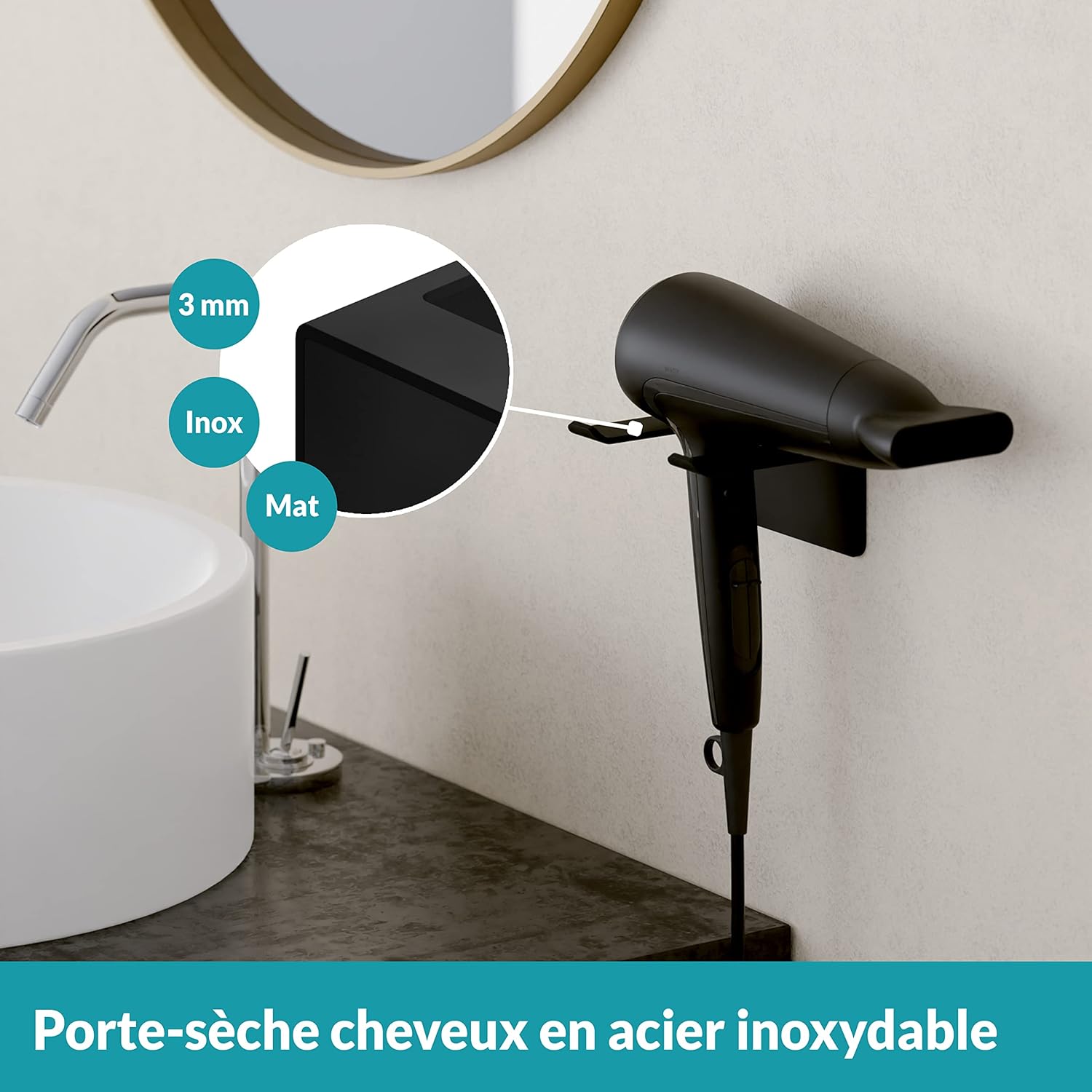 Porte sèche cheveux mural adhésif en inox noir : pour un rangement élégant et pratique dans votre salle de bain – Image 3