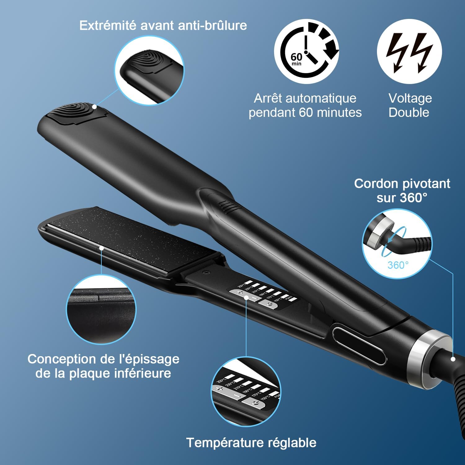 Lisseur plaque large de 44mm : l'outil idéal pour des cheveux sublimes en un temps record Chauffage rapide en 30 secondes et 6 niveaux de température pour tous les types de cheveux – Image 4