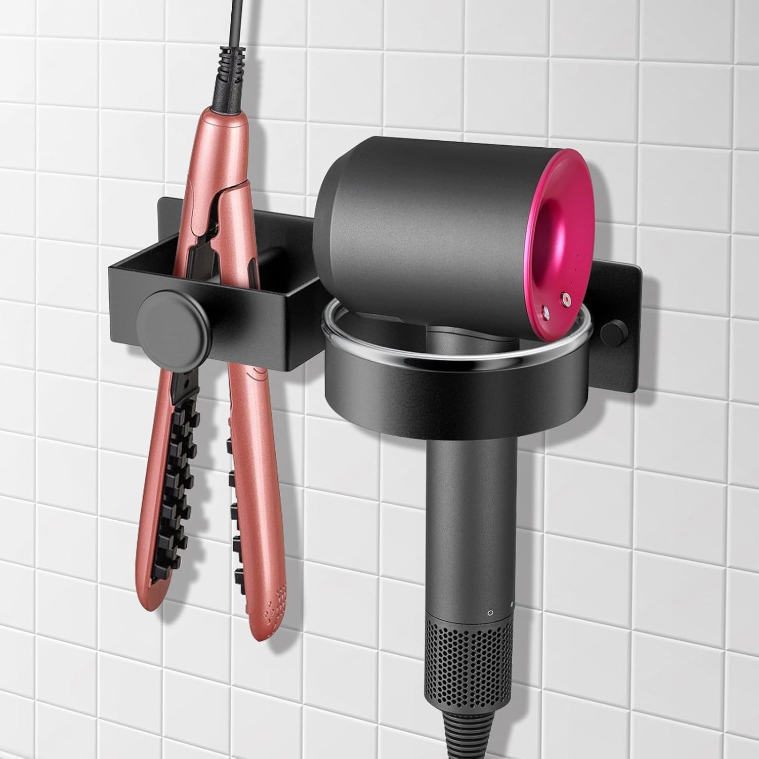 Support Föhn Élégant en Acier Inoxydable pour Salle de Bain