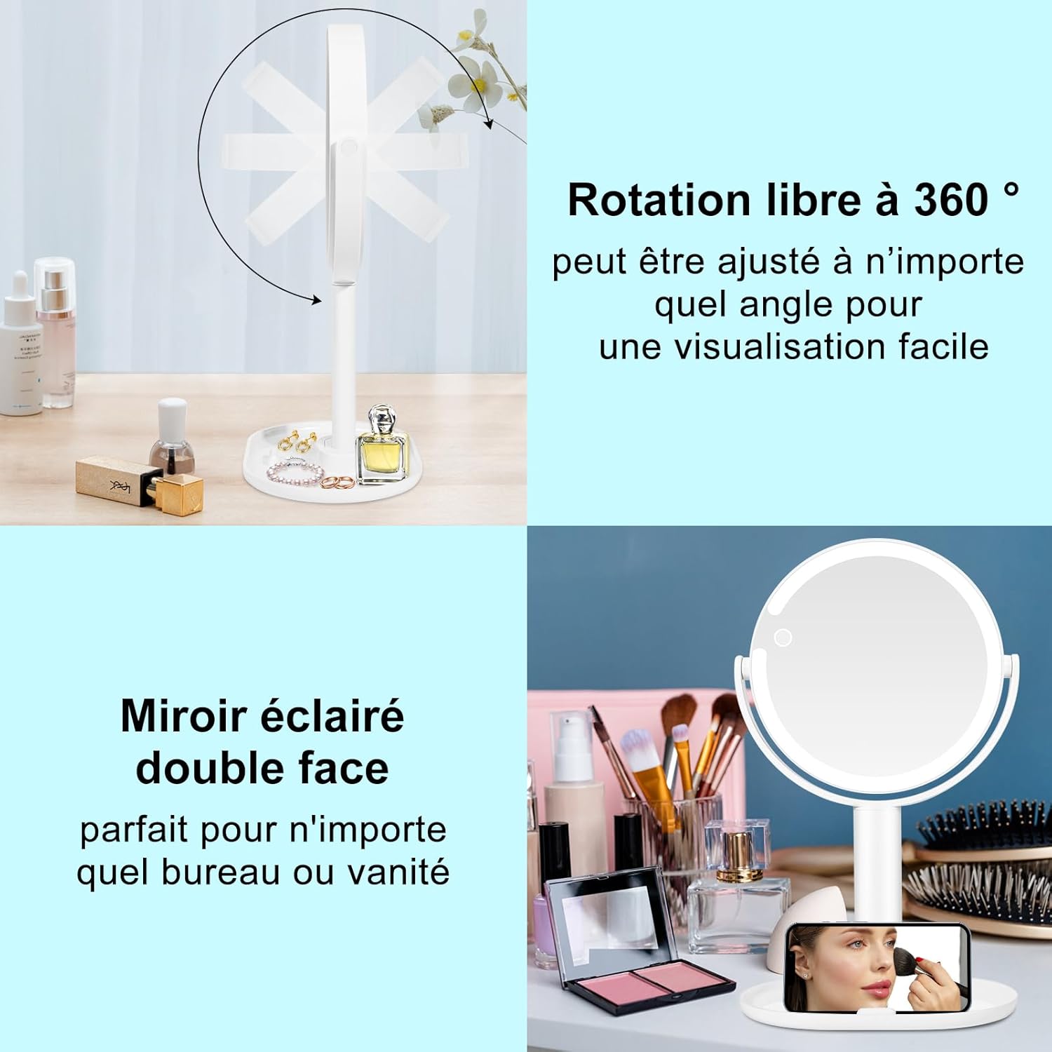Miroir maquillage LED : l'allié parfait pour vos routines beauté Découvrez le miroir grossissant lumineux 1X / 10X, idéal pour les passionnées de maquillage. Grâce à sa rotation à 360° et ses trois couleurs de lumière, cet accessoire vous permettra d'ajuster la luminosité selon vos besoins, pour un maquillage impeccable à chaque utilisation. Offrez-vous une expérience de beauté raffinée et pratique avec ce miroir sur pied, doté de 80 perles lumineuses pour un reflet éclatant. – Image 6