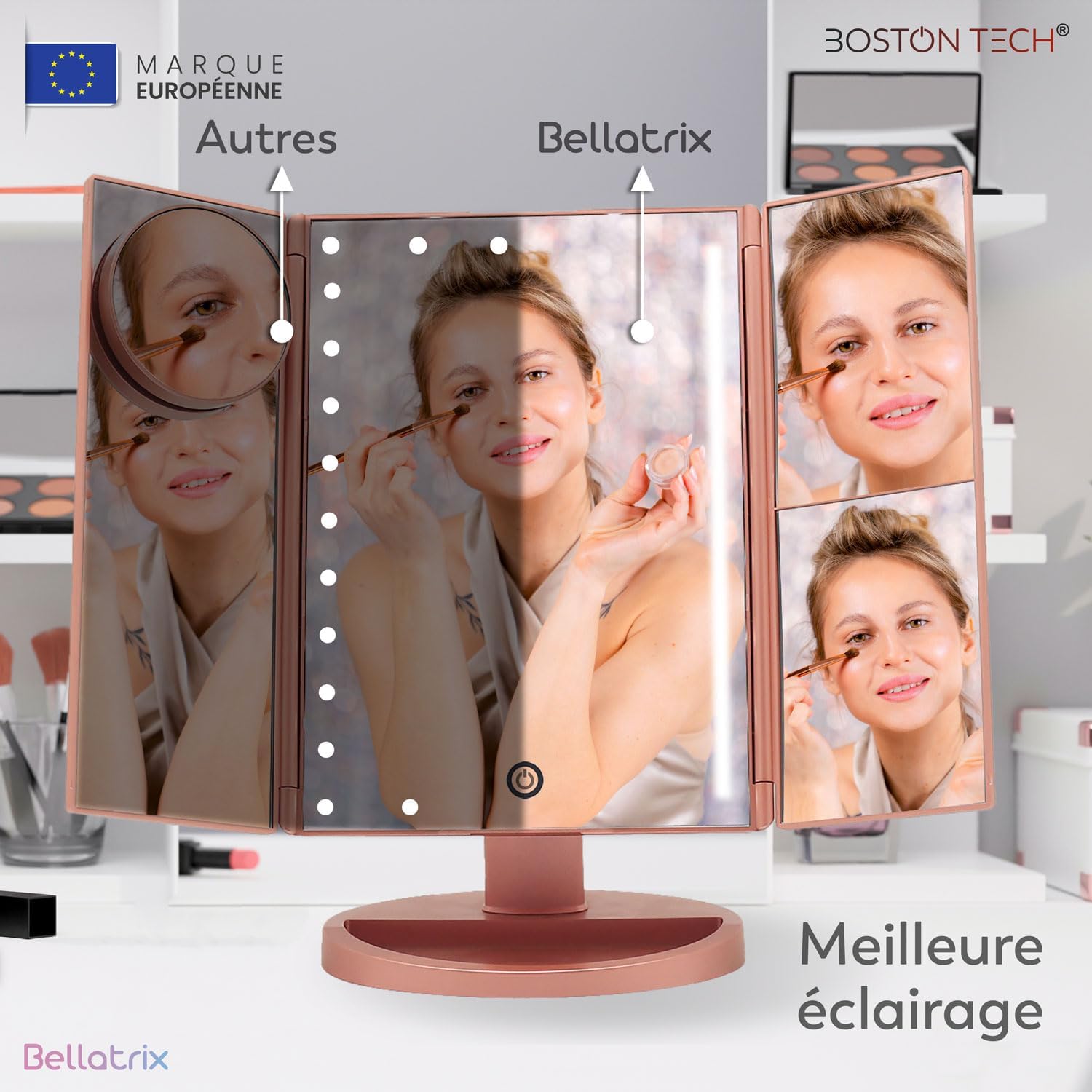 Miroir de maquillage lumineux Bellatrix : l'allié parfait pour les passionnées de beauté Profitez d'un grossissement 1X/2X/3X/10X et d'une lumière LED réglable pour un maquillage impeccable – Image 5