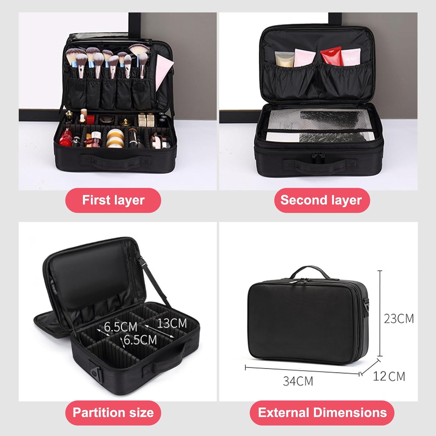 Trousse de maquillage de grande capacité : le sac parfait pour les professionnels de la beauté Découvrez la trousse de maquillage élégante de 34*23*12 cm, idéale pour les ongliers et les maquilleurs, avec ses séparateurs et sangles réglables pour une organisation optimale de vos produits de beauté. – Image 4