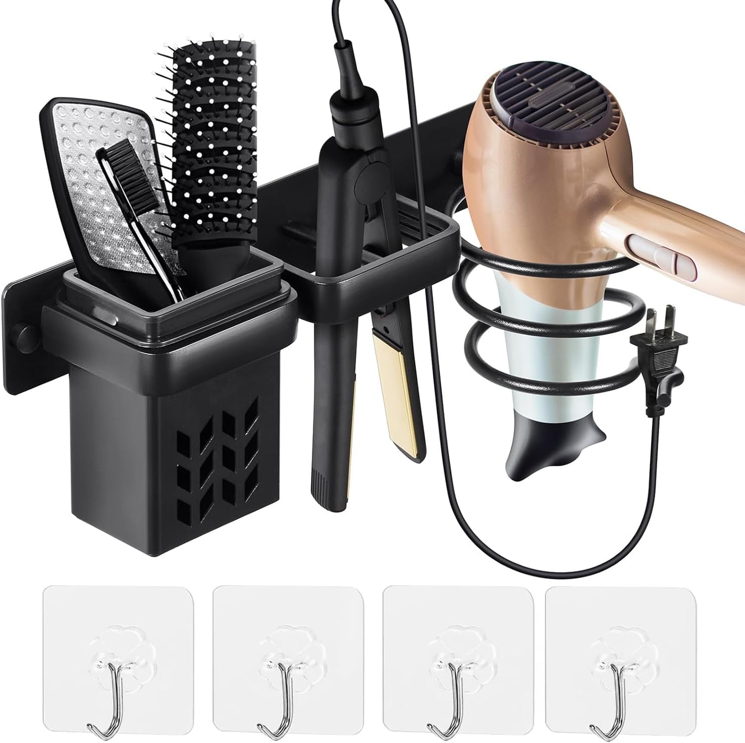 Support mural pour sèche-cheveux et fer à lisser : l'organiseur multifonction idéal pour salle de bain, gain de place et rangement pratique en noir