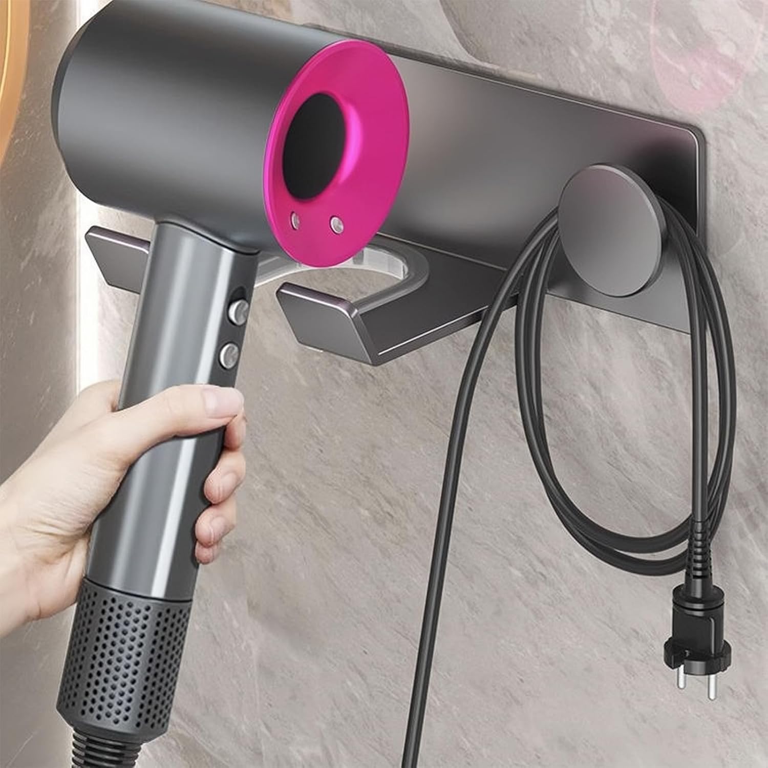 Support de sèche cheveux : solution pratique et élégante pour votre salle de bain Support mural universel avec coussinet en silicone, idéal sans perçage – Image 7