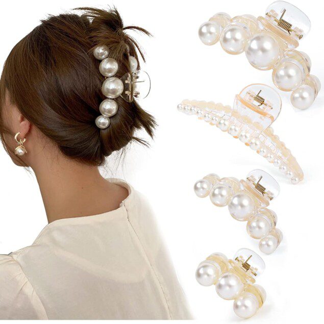 Lot de 4 grandes pinces à cheveux avec perles : élégance pour femmes et filles lors des fêtes et mariages