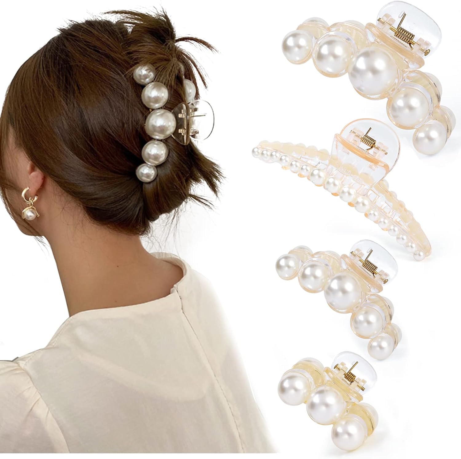 Lot de 4 grandes pinces à cheveux avec perles : élégance pour femmes et filles lors des fêtes et mariages