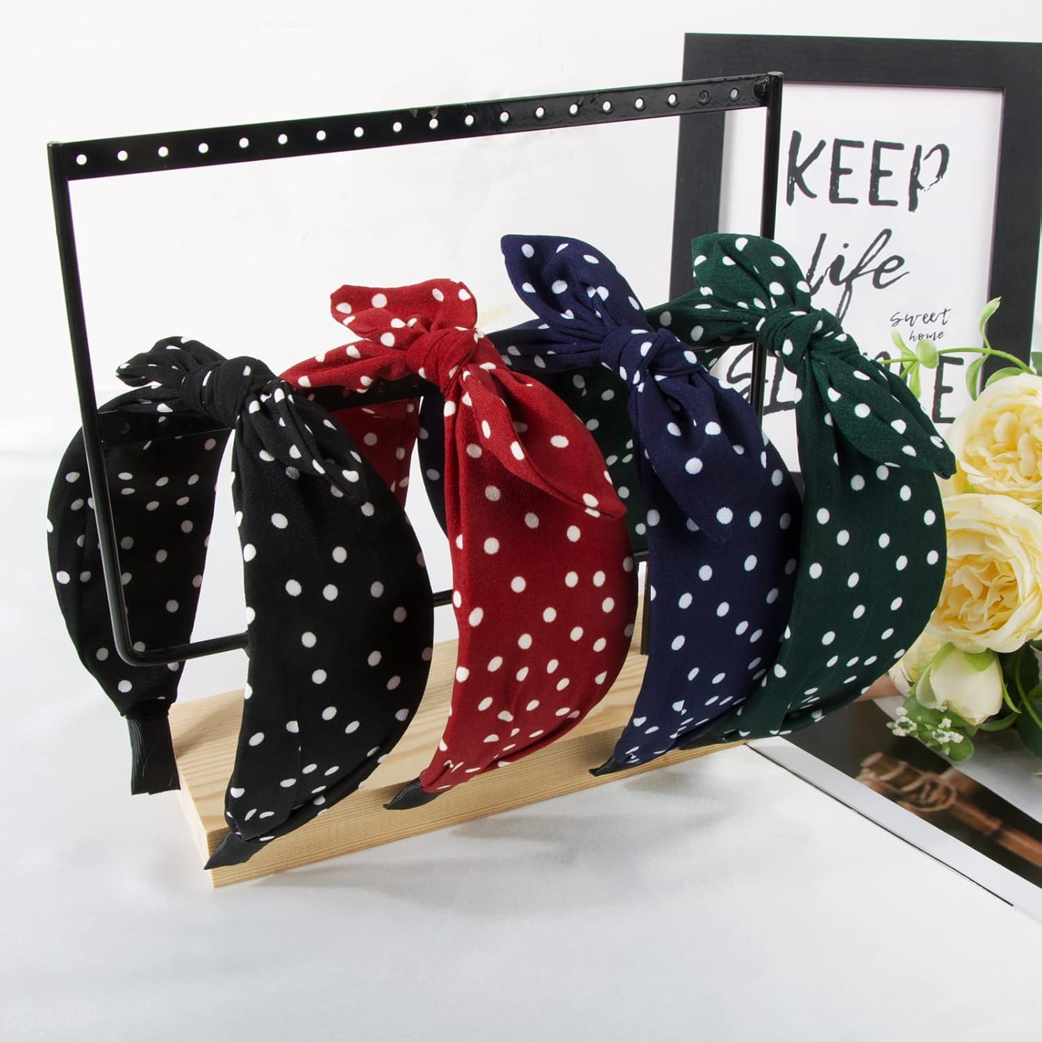Serre-tête à pois en tissu : élégance vintage pour femmes et filles Accessoire de coiffure chic avec nœud lapin, idéal pour toutes les occasions – Image 4