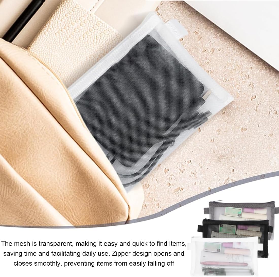 Trousse transparente en nylon maille : le lot de 3 pour l'école, le bureau et le maquillage, alliant praticité et élégance – Image 5