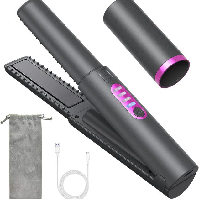 Lisseur de cheveux sans fil : le compagnon idéal pour un coiffage rapide et élégant en voyage   Offrez à vos cheveux la brillance et la douceur qu'ils méritent avec ce mini lisseur 2 en 1, parfait pour les femmes en déplacement.