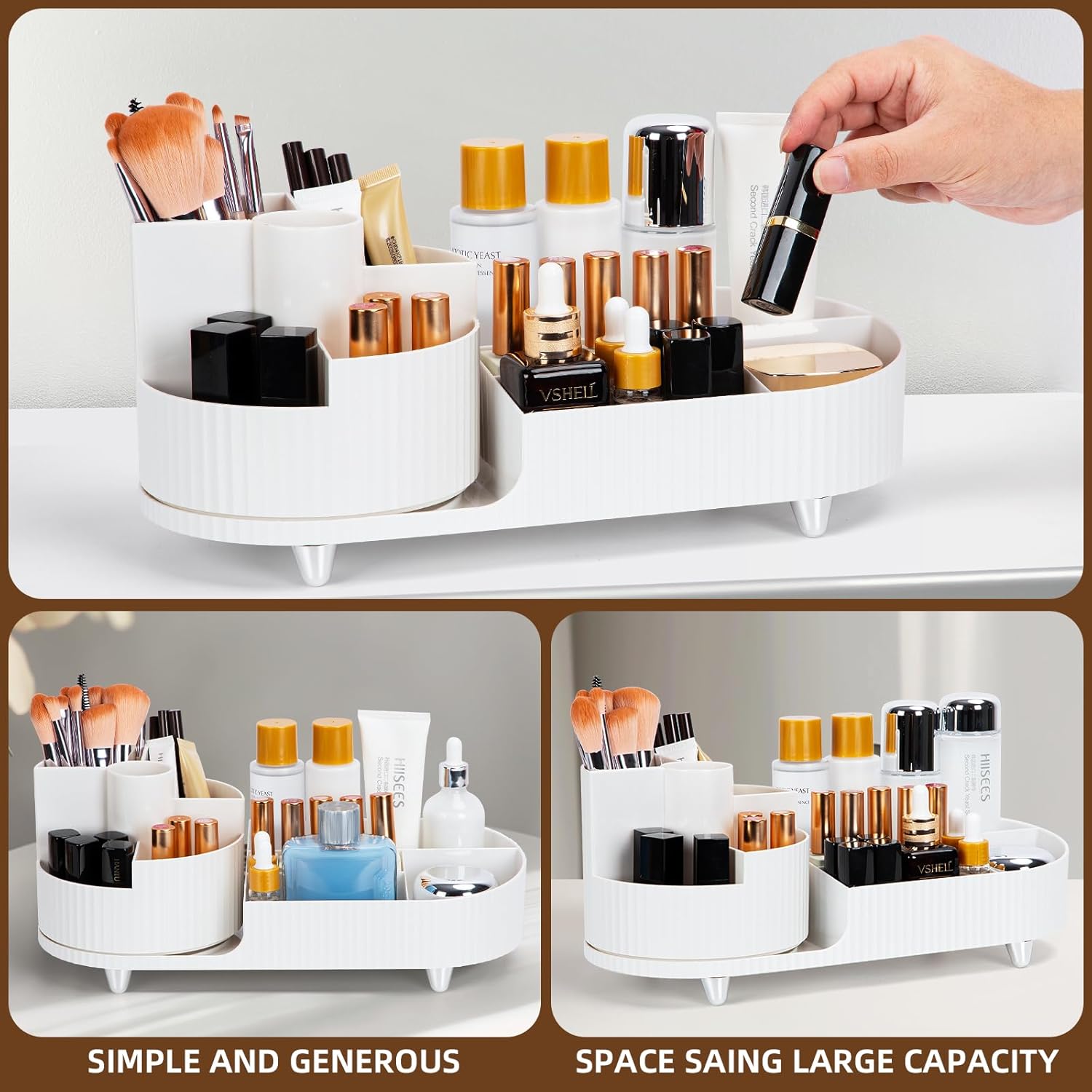 Organisateur maquillage rotatif 360 degrés : idéal pour les coiffeuses et passionnées de beauté Optimisez votre espace avec ce stockage cosmétique multifonctionnel et élégant en blanc pur – Image 5