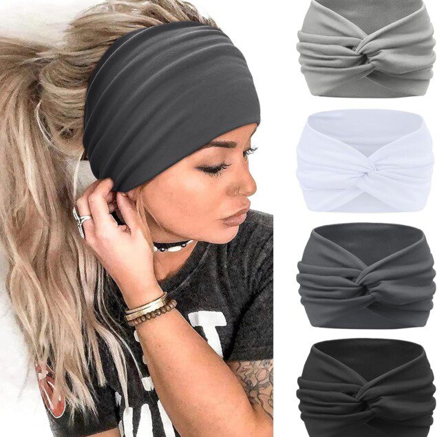 Bandeau cheveux femme : 4 pièces multicolores pour un style sportif et élégant Idéal pour le yoga et les activités sportives, ce serre-tête extra large maintient vos cheveux en place tout en ajoutant une touche de couleur à votre tenue.