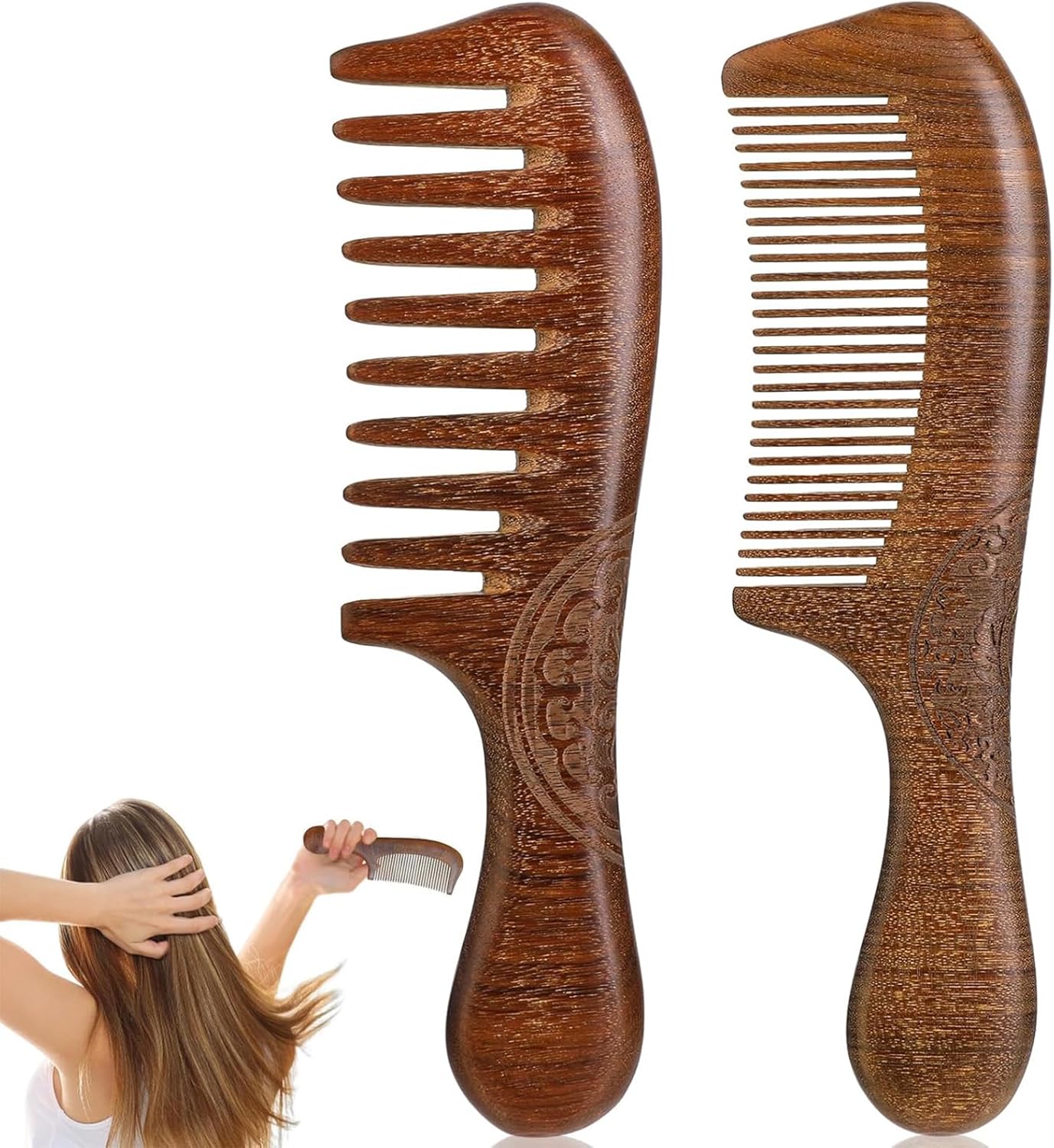Peigne en bois de santal naturel : un lot de 2 pour cheveux longs et fins, idéal pour un massage relaxant et un soin durable