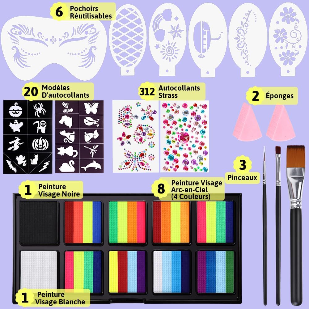 Palette de maquillage enfant : 34 couleurs fluorescentes UV pour des fêtes inoubliables Idéale pour carnaval, Halloween et anniversaires, ce kit inclut 3 pinceaux pour une créativité sans limites – Image 4