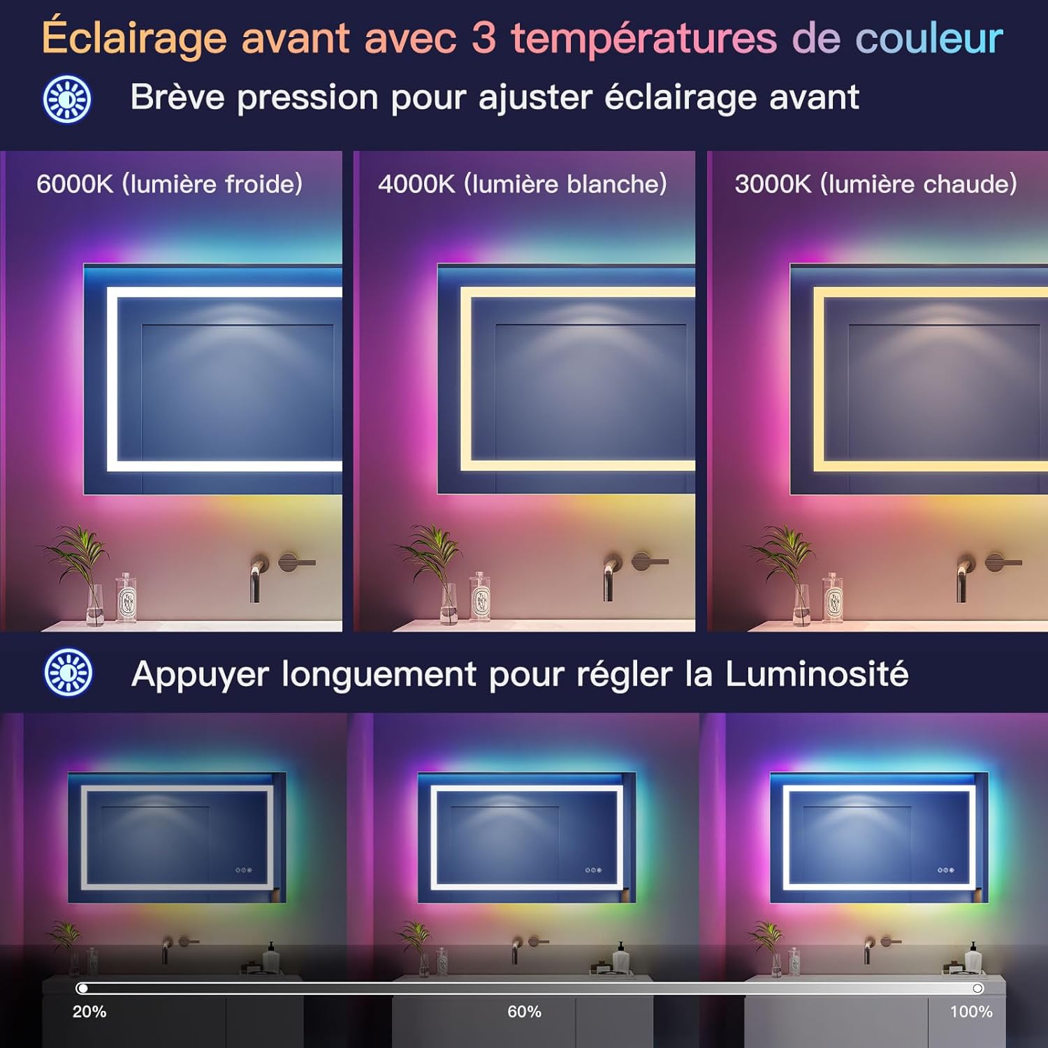 Miroir LED anti-buée 100x60 cm : l'élégance pour votre salle de bain avec éclairage RGB multicolore – Image 4