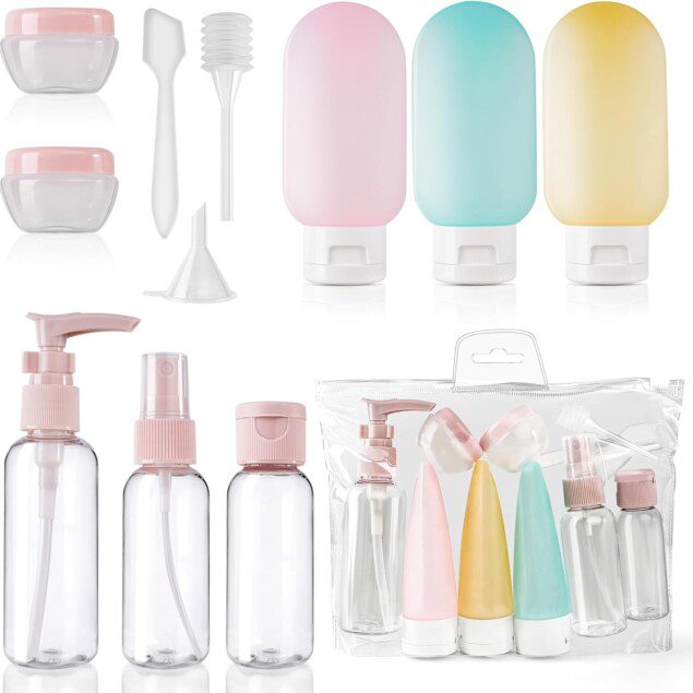 Flacon voyage 11 pièces : kit d'accessoires pratique pour les voyageurs Emportez vos essentiels de toilette en toute sérénité avec notre ensemble de flacons adaptés aux avions