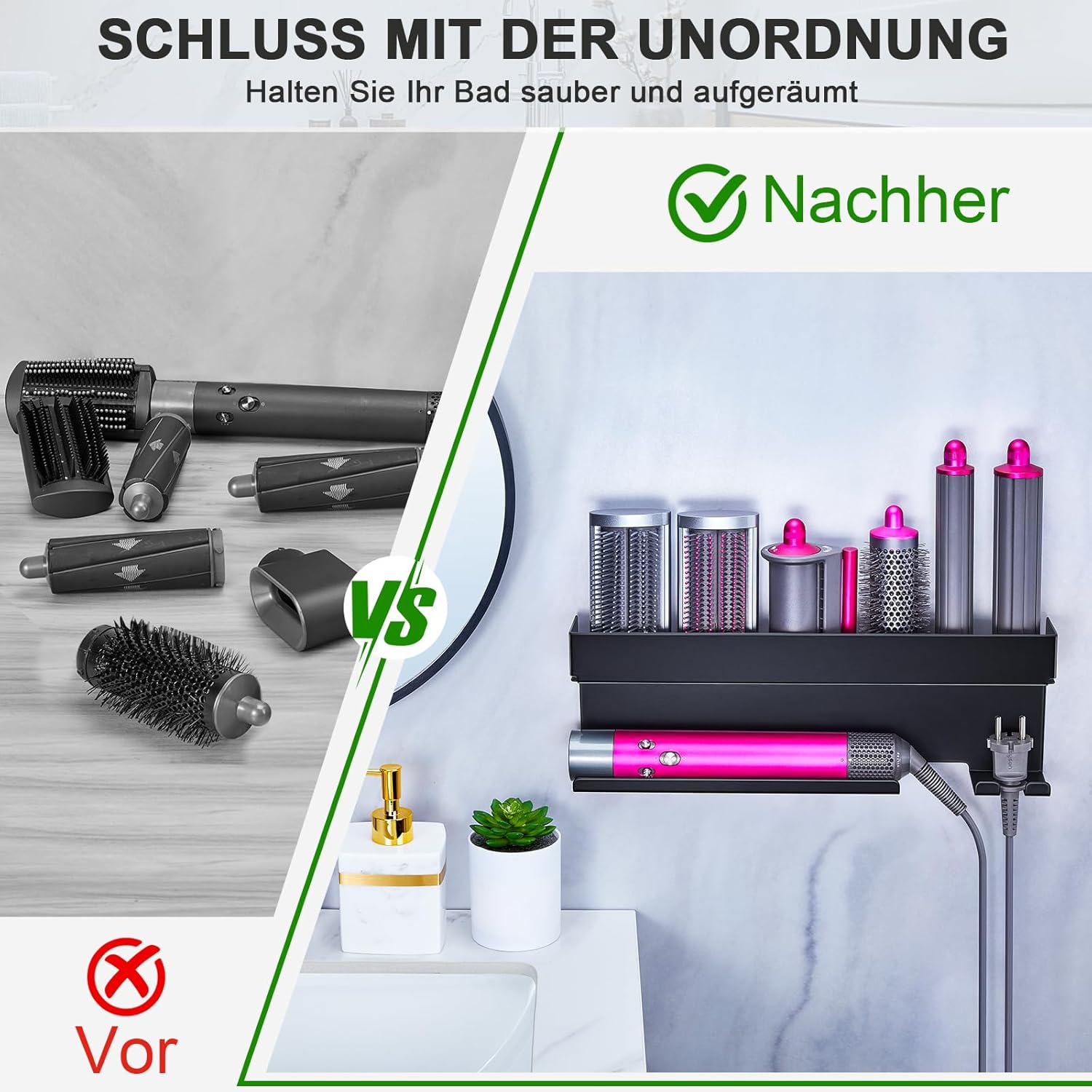 Support sèche-cheveux mural : rangement élégant pour salle de bain sans perçage Optimisez l'espace de votre salle de bain avec ce porte-accessoires noir pour lisseurs et appareils de coiffure – Image 8