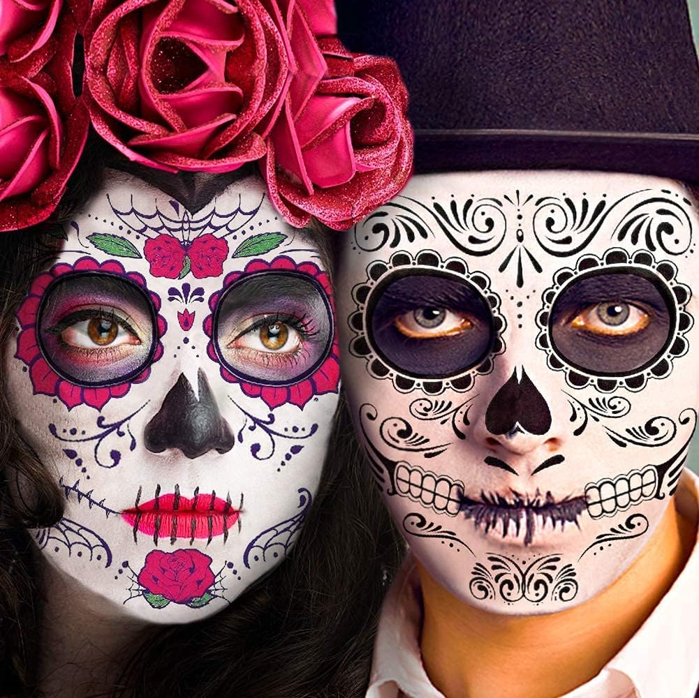 Tatouage temporaire du visage : 8 autocollants de crâne de sucre pour un maquillage Halloween captivant