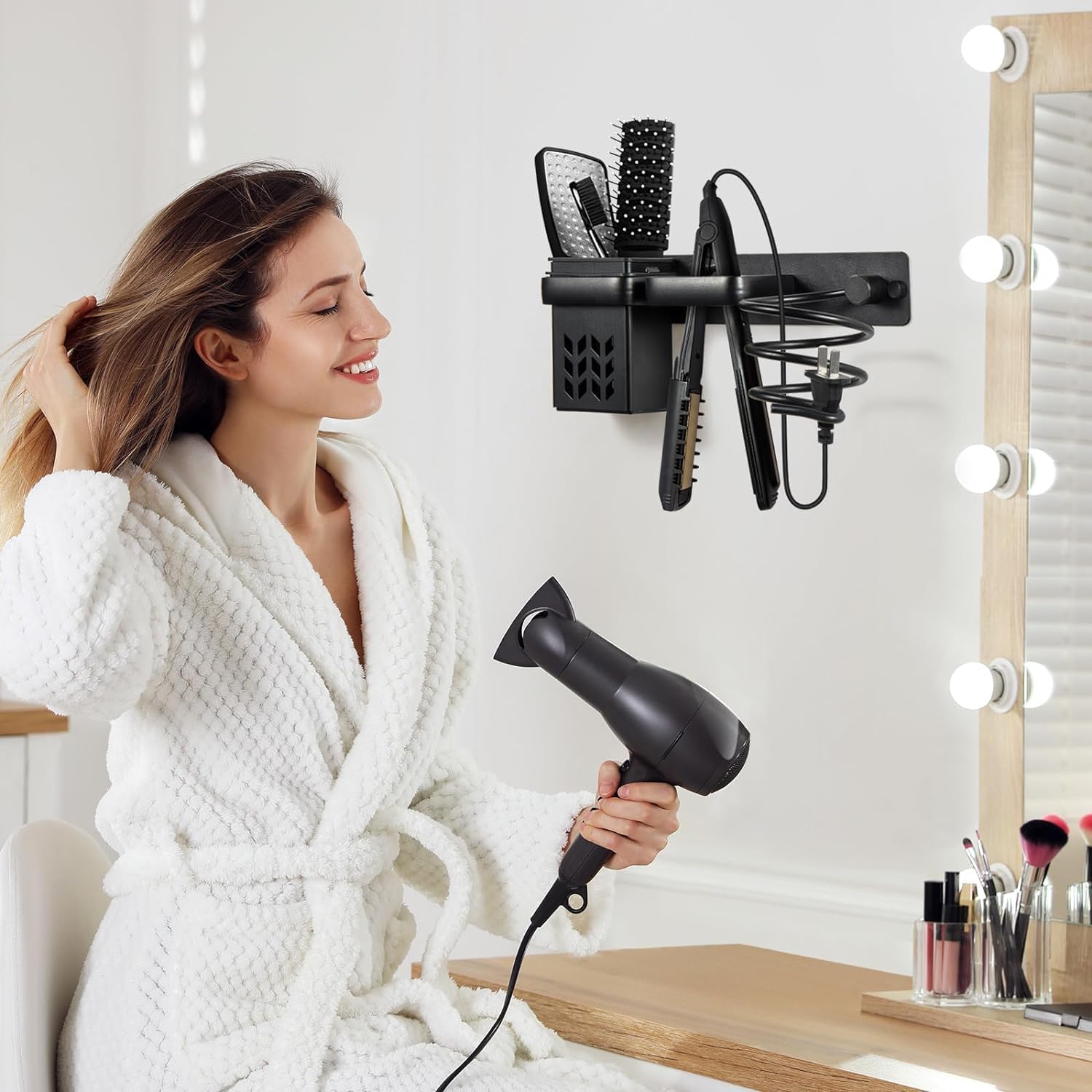 Support mural pour sèche-cheveux et fer à lisser : l'organiseur multifonction idéal pour salle de bain, gain de place et rangement pratique en noir – Image 2