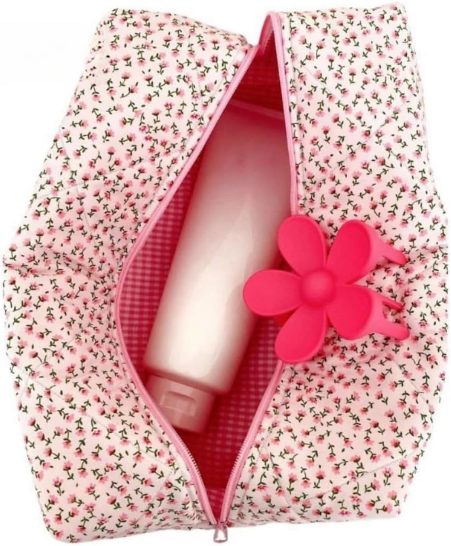 Trousse de maquillage matelassée : grande capacité et style floral pour femmes et filles en voyage