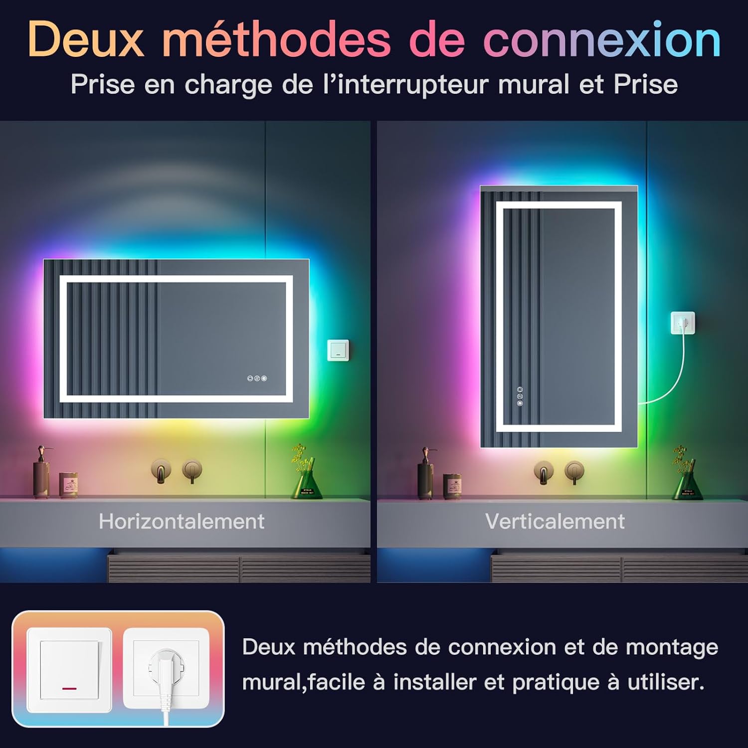 Miroir LED anti-buée 100x60 cm : l'élégance pour votre salle de bain avec éclairage RGB multicolore – Image 8