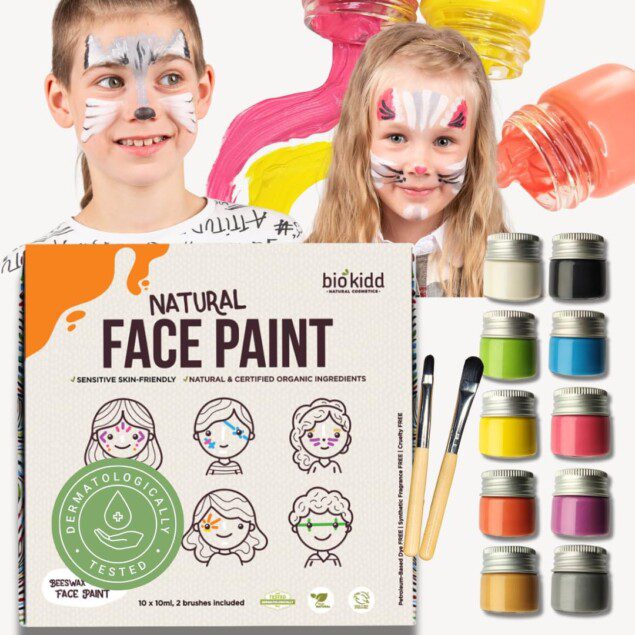 Palette de maquillage de fête bio : un kit de peinture faciale non-toxique et lavable pour peaux sensibles, idéal pour célébrations comme Carnaval, anniversaires et Noël