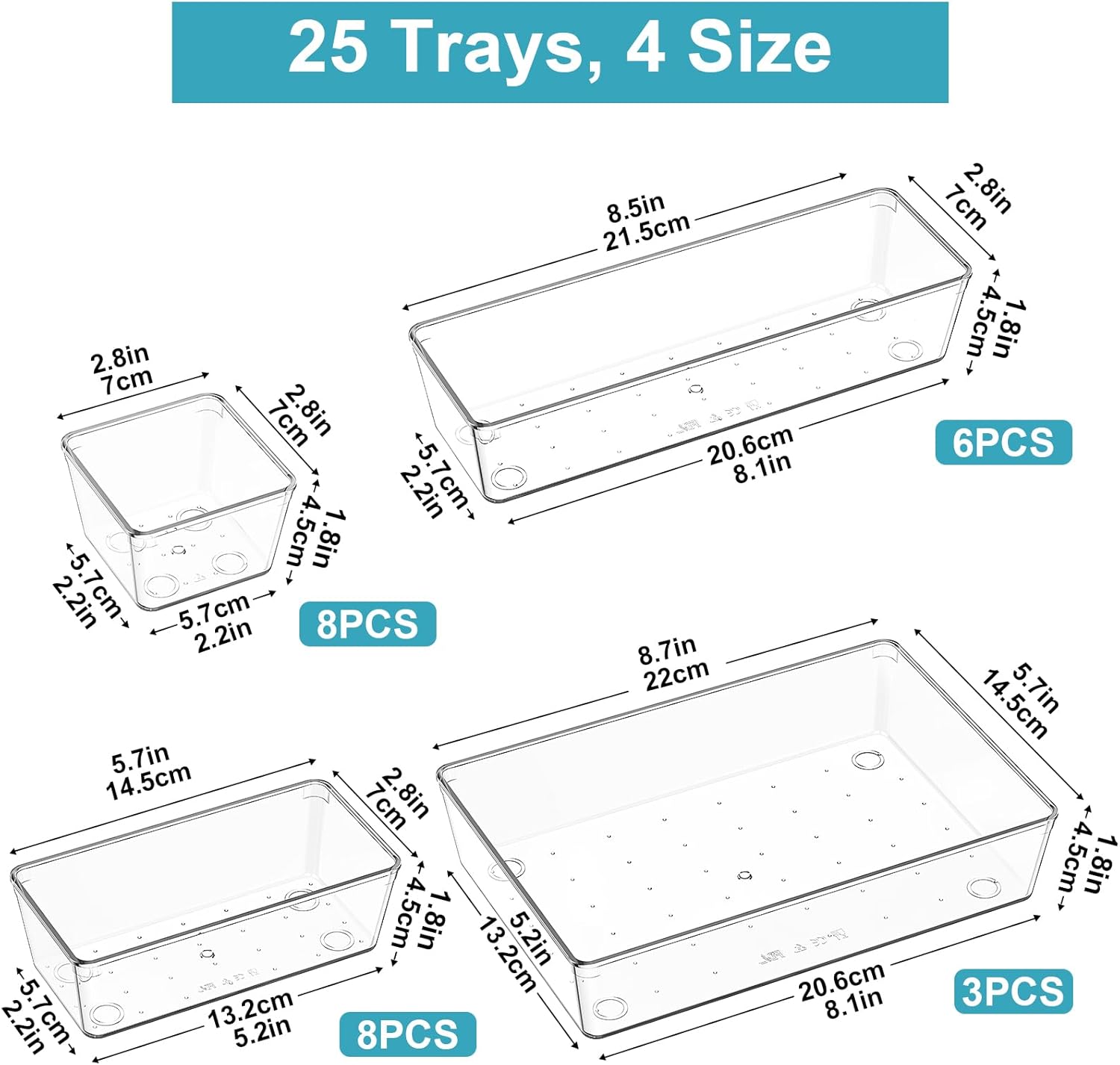 Organisateurs de tiroir : le lot de 25 bacs en plastique transparent pour un rangement optimal de salle de bain, coiffeuse, cuisine et bureau – Image 2